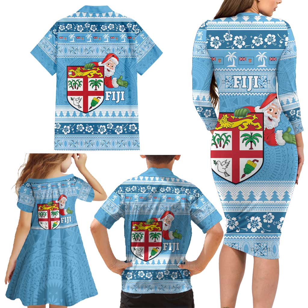 Fiji Christmas Family Matching Long Sleeve Bodycon Dress and Hawaiian Shirt Fijian Masi Marau na Kerisimasi! - Blue LT14 - Polynesian Pride
