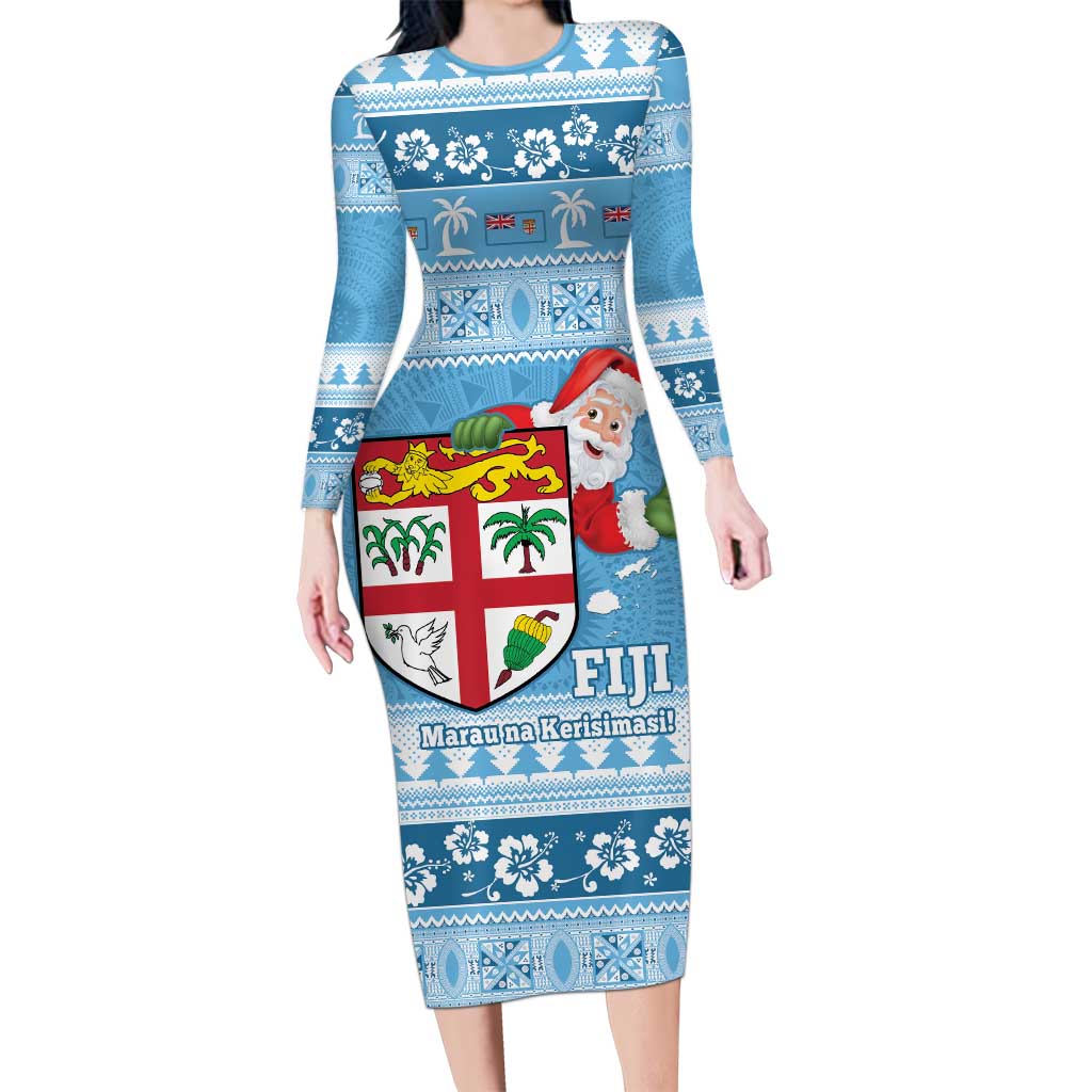 Fiji Christmas Family Matching Long Sleeve Bodycon Dress and Hawaiian Shirt Fijian Masi Marau na Kerisimasi! - Blue LT14 Mom's Dress Blue - Polynesian Pride
