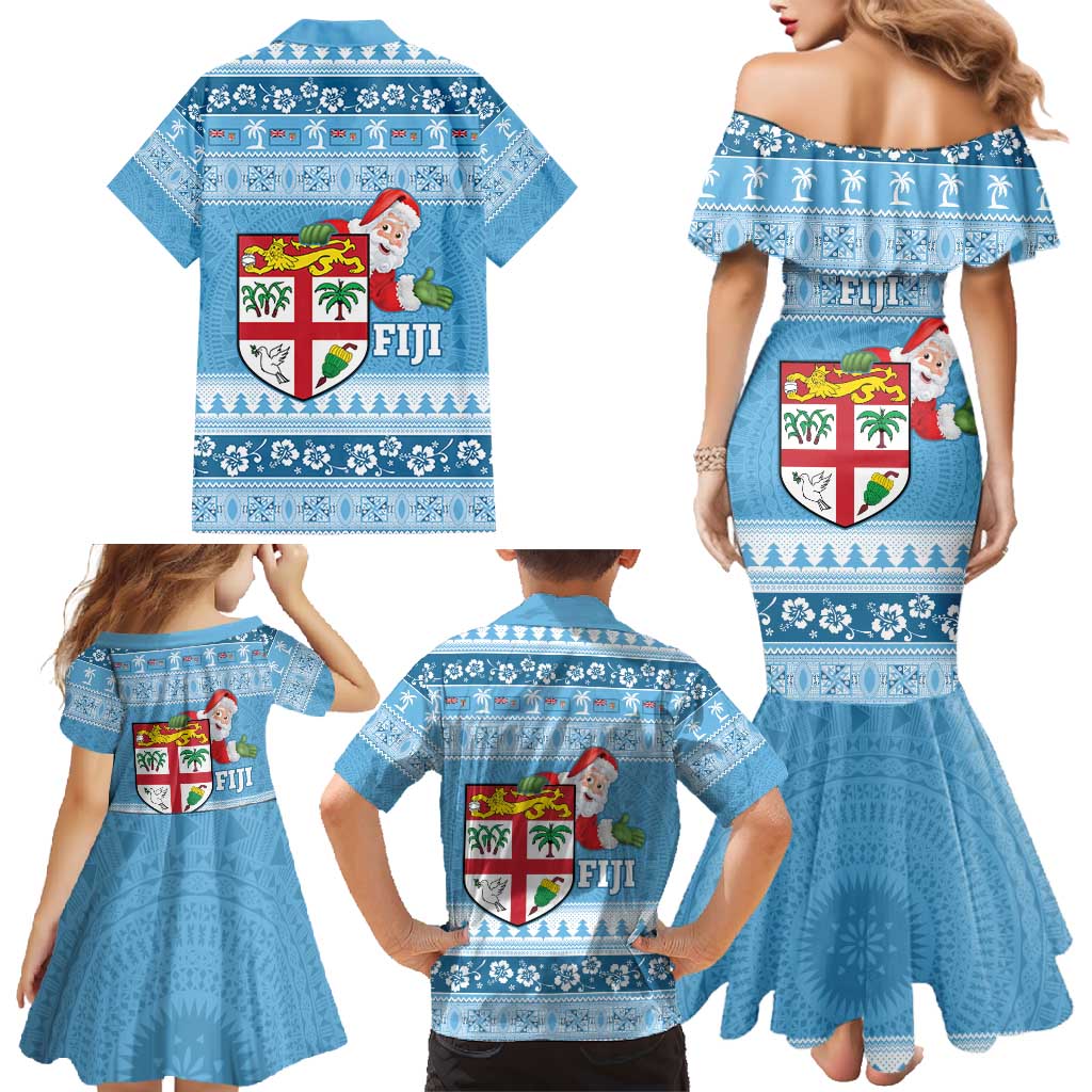 Fiji Christmas Family Matching Mermaid Dress and Hawaiian Shirt Fijian Masi Marau na Kerisimasi! - Blue LT14 - Polynesian Pride