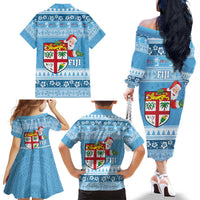 Fiji Christmas Family Matching Off The Shoulder Long Sleeve Dress and Hawaiian Shirt Fijian Masi Marau na Kerisimasi! - Blue LT14 - Polynesian Pride