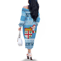 Fiji Christmas Family Matching Off The Shoulder Long Sleeve Dress and Hawaiian Shirt Fijian Masi Marau na Kerisimasi! - Blue LT14 - Polynesian Pride