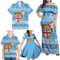 Fiji Christmas Family Matching Off Shoulder Maxi Dress and Hawaiian Shirt Fijian Masi Marau na Kerisimasi! - Blue LT14 - Polynesian Pride