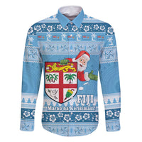 Fiji Christmas Family Matching Off Shoulder Maxi Dress and Hawaiian Shirt Fijian Masi Marau na Kerisimasi! - Blue LT14 Dad's Shirt - Long Sleeve Blue - Polynesian Pride