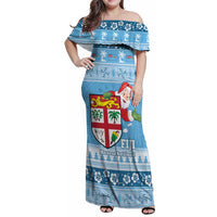Fiji Christmas Family Matching Off Shoulder Maxi Dress and Hawaiian Shirt Fijian Masi Marau na Kerisimasi! - Blue LT14 Mom's Dress Blue - Polynesian Pride