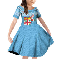 Fiji Christmas Family Matching Off Shoulder Short Dress and Hawaiian Shirt Fijian Masi Marau na Kerisimasi! - Blue LT14 Daughter's Dress Blue - Polynesian Pride