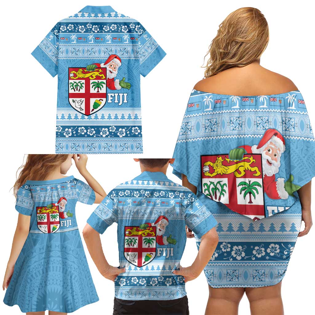 Fiji Christmas Family Matching Off Shoulder Short Dress and Hawaiian Shirt Fijian Masi Marau na Kerisimasi! - Blue LT14 - Polynesian Pride