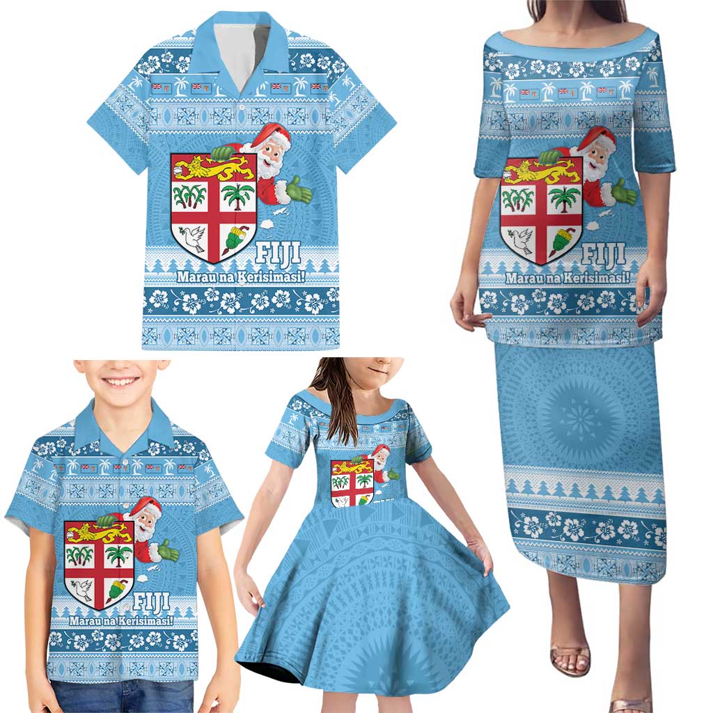 Fiji Christmas Family Matching Puletasi and Hawaiian Shirt Fijian Masi Marau na Kerisimasi! - Blue LT14 - Polynesian Pride