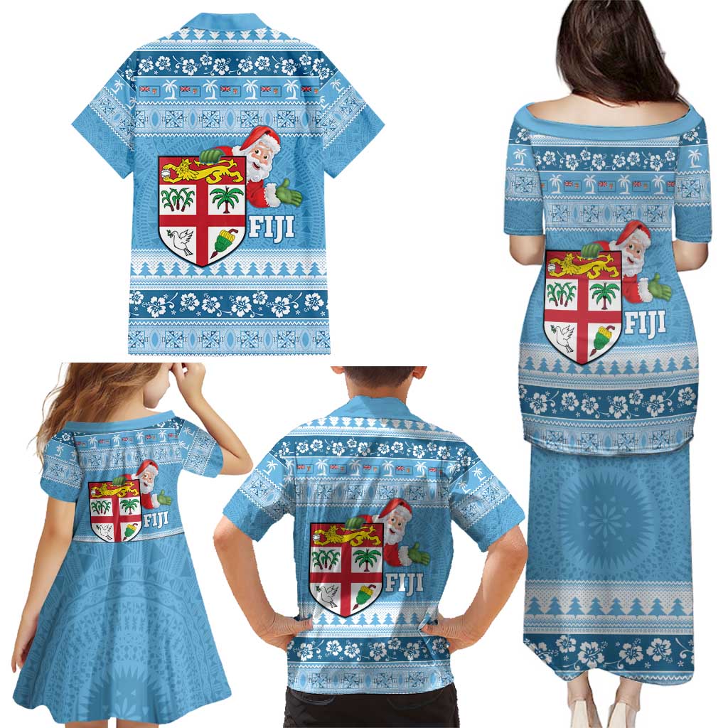Fiji Christmas Family Matching Puletasi and Hawaiian Shirt Fijian Masi Marau na Kerisimasi! - Blue LT14 - Polynesian Pride