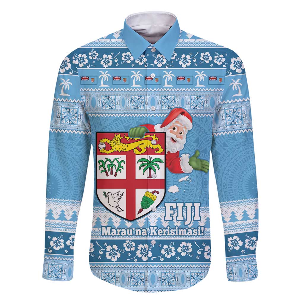 Fiji Christmas Family Matching Puletasi and Hawaiian Shirt Fijian Masi Marau na Kerisimasi! - Blue LT14 Dad's Shirt - Long Sleeve Blue - Polynesian Pride