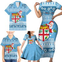 Fiji Christmas Family Matching Short Sleeve Bodycon Dress and Hawaiian Shirt Fijian Masi Marau na Kerisimasi! - Blue LT14 - Polynesian Pride