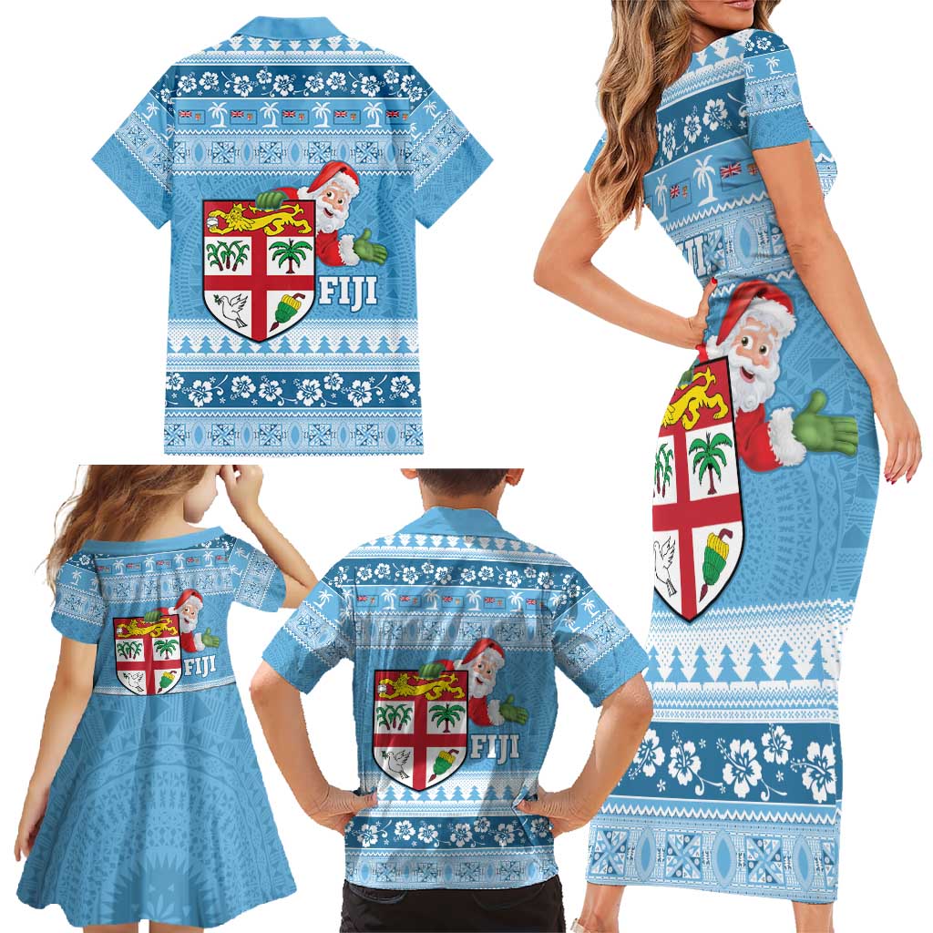 Fiji Christmas Family Matching Short Sleeve Bodycon Dress and Hawaiian Shirt Fijian Masi Marau na Kerisimasi! - Blue LT14 - Polynesian Pride