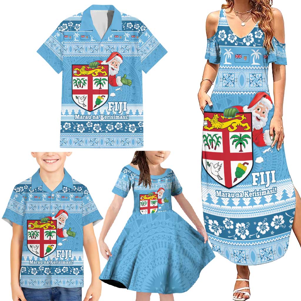Fiji Christmas Family Matching Summer Maxi Dress and Hawaiian Shirt Fijian Masi Marau na Kerisimasi! - Blue LT14 - Polynesian Pride