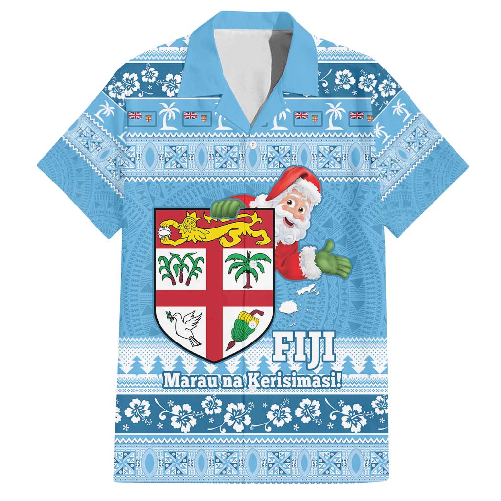 Fiji Christmas Family Matching Summer Maxi Dress and Hawaiian Shirt Fijian Masi Marau na Kerisimasi! - Blue LT14 Dad's Shirt - Short Sleeve Blue - Polynesian Pride