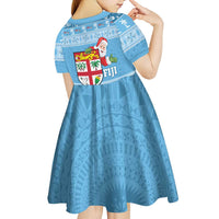 Fiji Christmas Kid Short Sleeve Dress Fijian Masi Marau na Kerisimasi! - Blue LT14 - Polynesian Pride