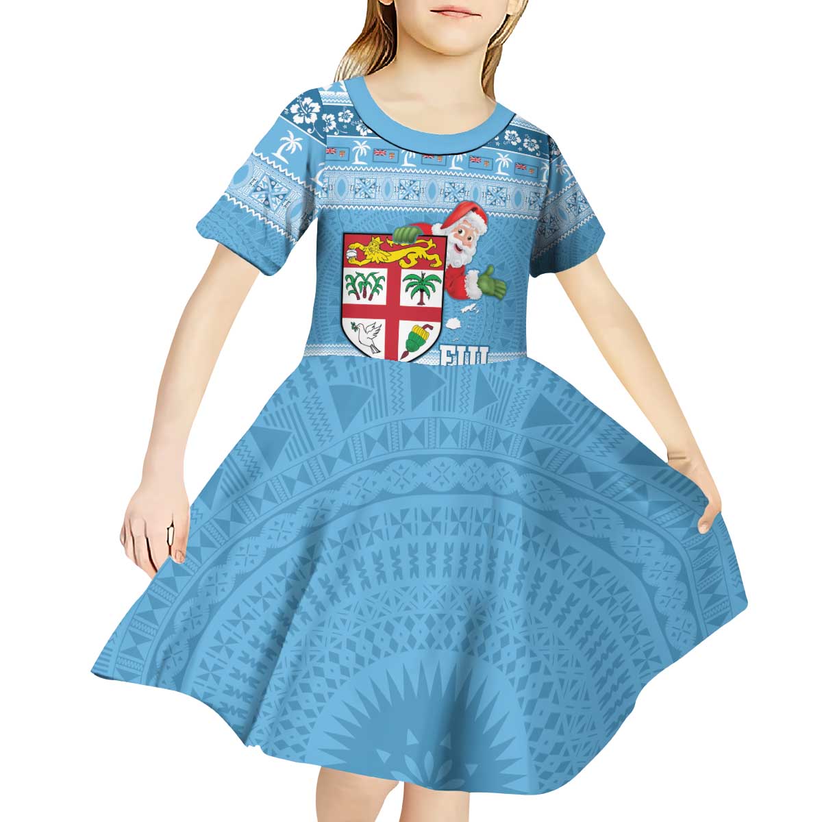 Fiji Christmas Kid Short Sleeve Dress Fijian Masi Marau na Kerisimasi! - Blue LT14 - Polynesian Pride