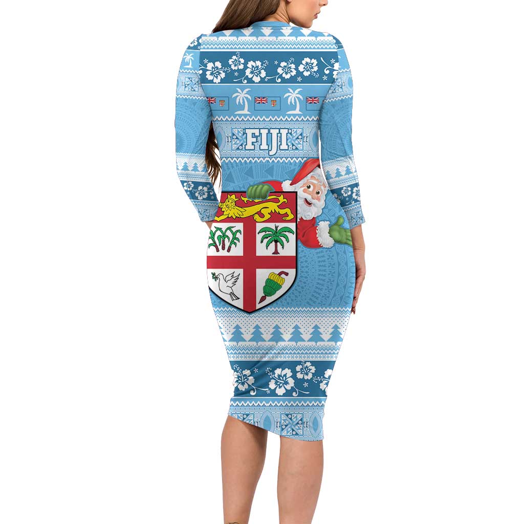 Fiji Christmas Long Sleeve Bodycon Dress Fijian Masi Marau na Kerisimasi! - Blue LT14 - Polynesian Pride