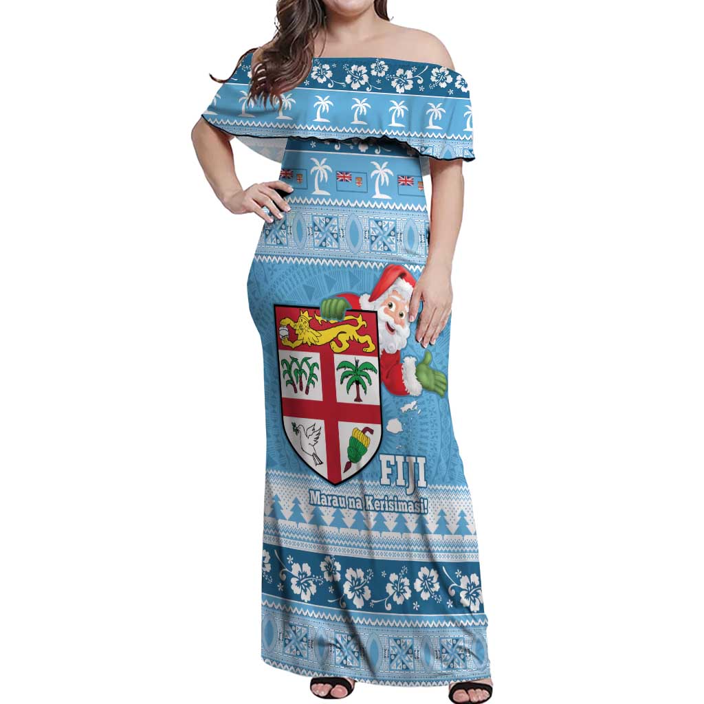 Fiji Christmas Off Shoulder Maxi Dress Fijian Masi Marau na Kerisimasi! - Blue LT14 Women Blue - Polynesian Pride
