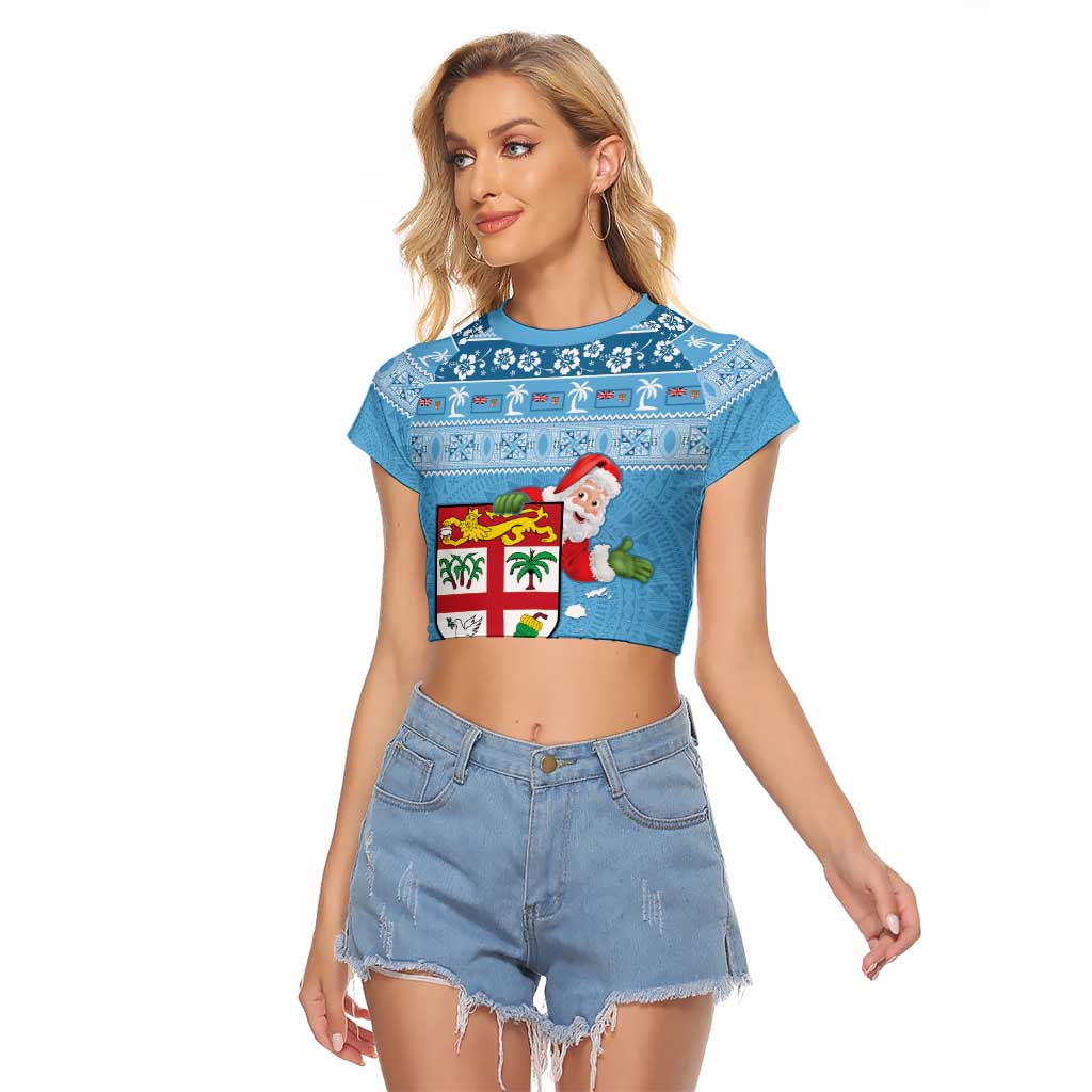 Fiji Christmas Raglan Cropped T Shirt Fijian Masi Marau na Kerisimasi! - Blue LT14 Female Blue - Polynesian Pride