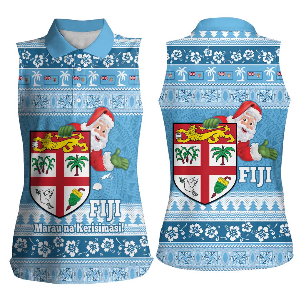 Fiji Christmas Women Sleeveless Polo Shirt Fijian Masi Marau na Kerisimasi! - Blue LT14 - Polynesian Pride