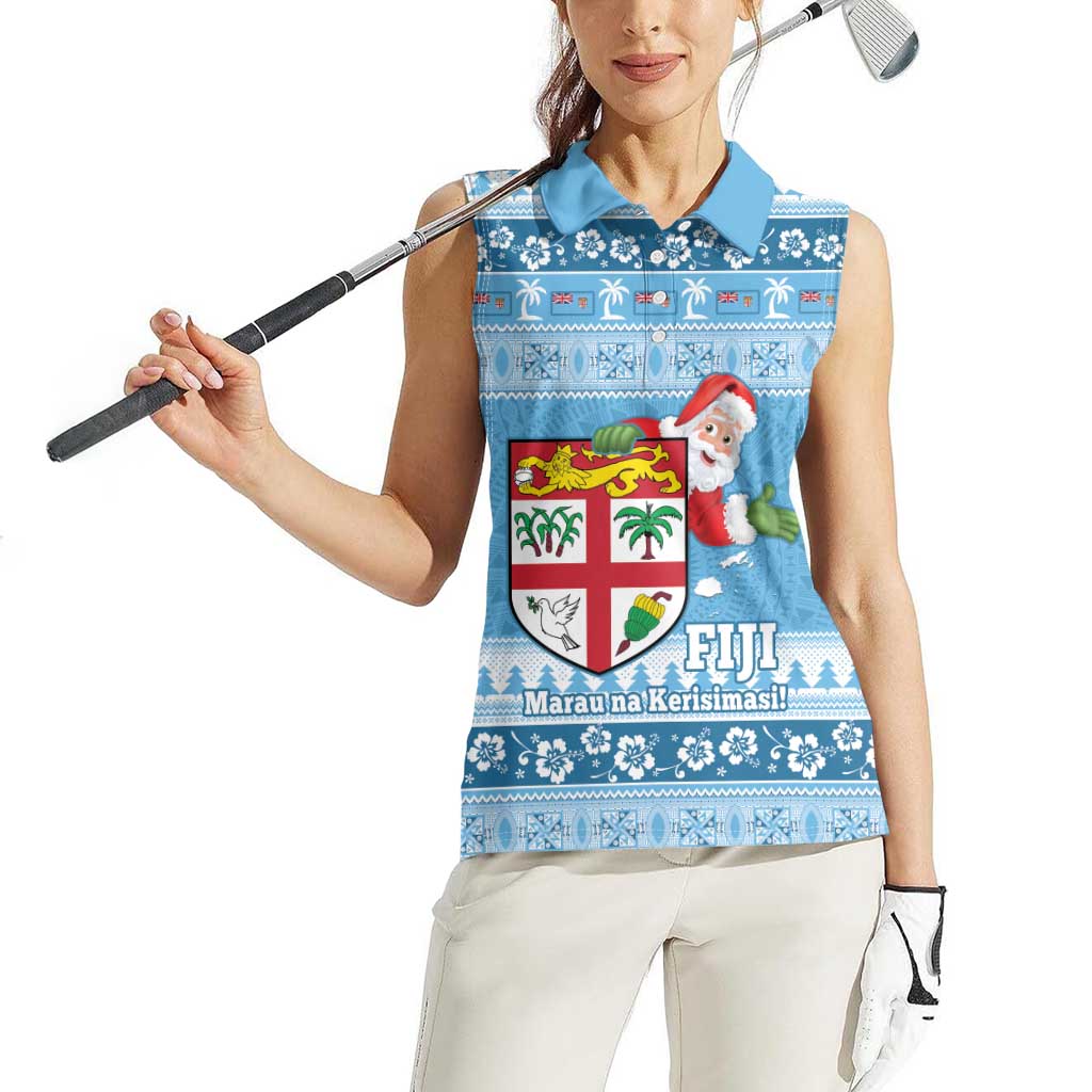 Fiji Christmas Women Sleeveless Polo Shirt Fijian Masi Marau na Kerisimasi! - Blue LT14 - Polynesian Pride