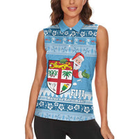 Fiji Christmas Women Sleeveless Polo Shirt Fijian Masi Marau na Kerisimasi! - Blue LT14 - Polynesian Pride