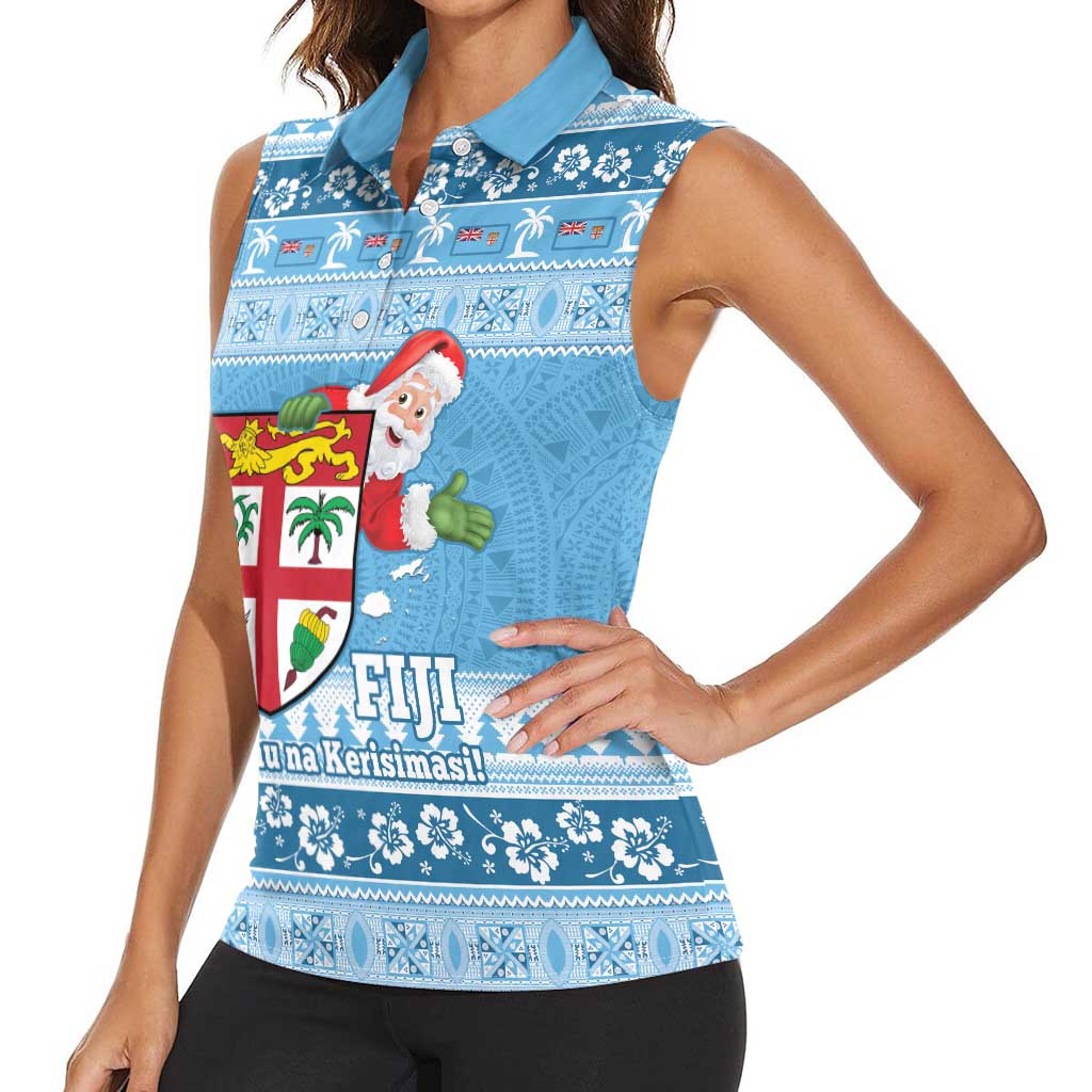 Fiji Christmas Women Sleeveless Polo Shirt Fijian Masi Marau na Kerisimasi! - Blue LT14 - Polynesian Pride