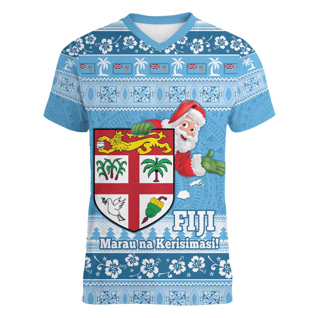 Fiji Christmas Women V-Neck T-Shirt Fijian Masi Marau na Kerisimasi! - Blue LT14 Female Blue - Polynesian Pride