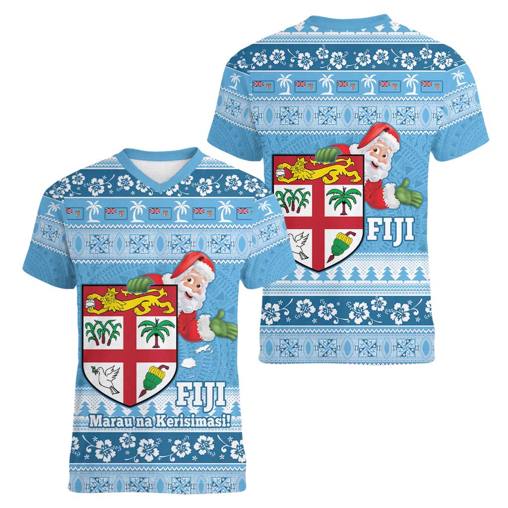 Fiji Christmas Women V-Neck T-Shirt Fijian Masi Marau na Kerisimasi! - Blue LT14 - Polynesian Pride