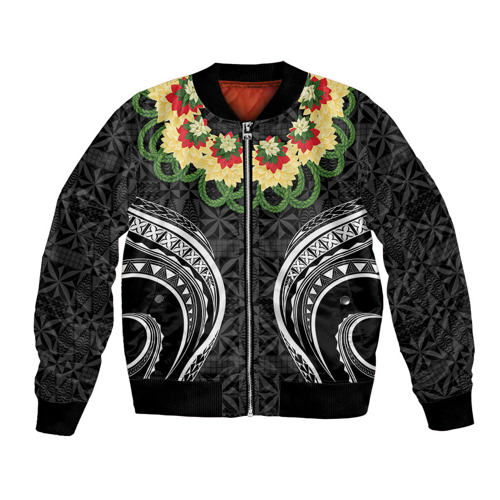 Black Tonga Ngatu Kahoa Lei Bomber Jacket LT14 Unisex Black - Polynesian Pride