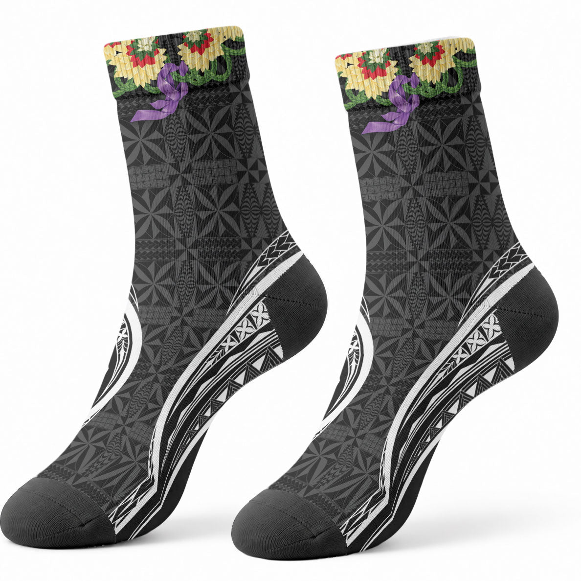 Black Tonga Ngatu Kahoa Lei Crew Socks LT14 - Polynesian Pride