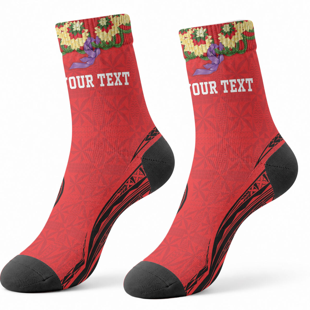 Personalised Red Tonga Ngatu Kahoa Lei Crew Socks LT14 - Polynesian Pride