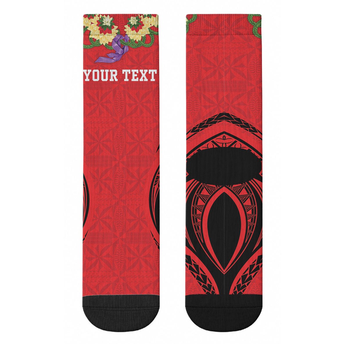 Personalised Red Tonga Ngatu Kahoa Lei Crew Socks LT14 - Polynesian Pride