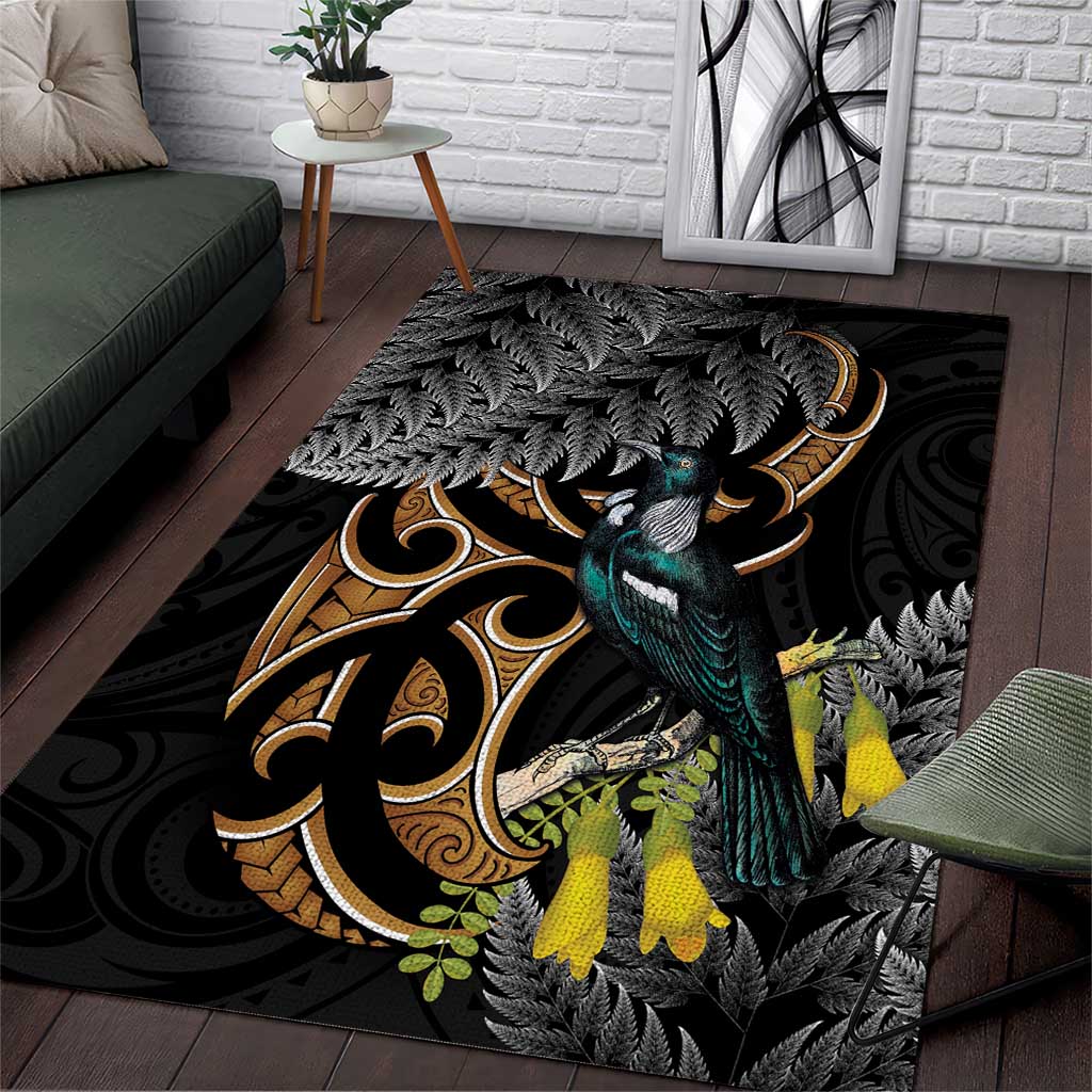 Aotearoa Kowhai Tui Bird Area Rug Maori Ngaru With Silver Fern LT14 Black - Polynesian Pride
