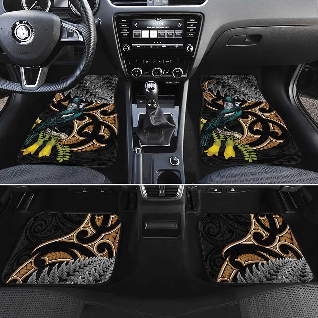 Aotearoa Kowhai Tui Bird Car Mats Maori Ngaru With Silver Fern LT14 Set 4pcs Black - Polynesian Pride