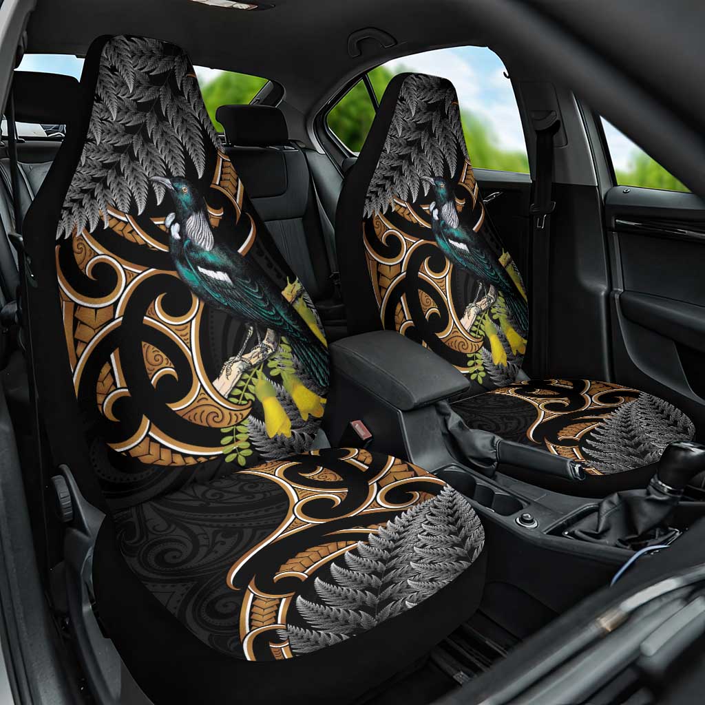 Aotearoa Kowhai Tui Bird Car Seat Cover Maori Ngaru With Silver Fern LT14 One Size Black - Polynesian Pride