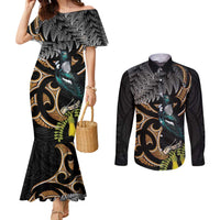 Aotearoa Kowhai Tui Bird Couples Matching Mermaid Dress and Long Sleeve Button Shirt Maori Ngaru With Silver Fern LT14 Black - Polynesian Pride