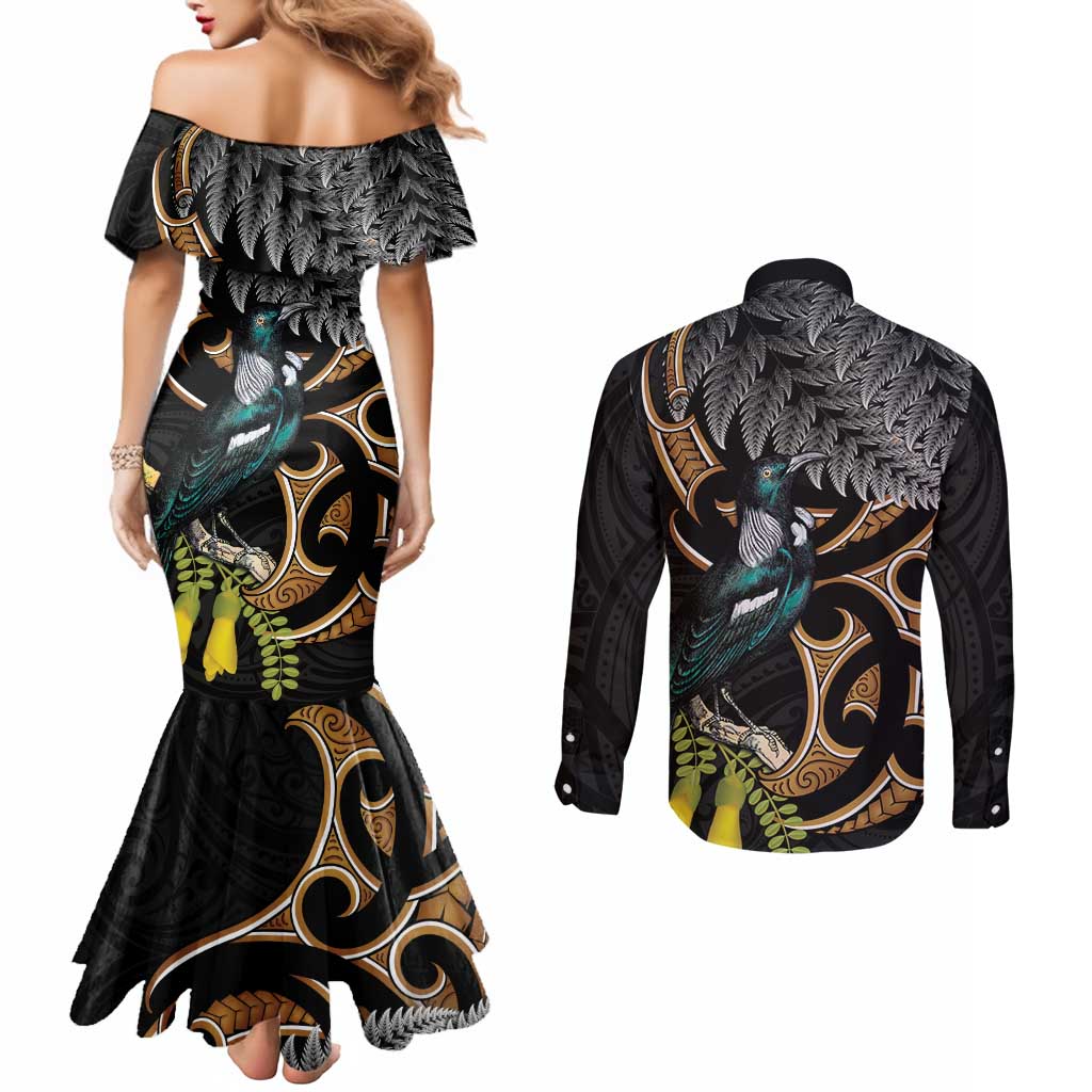 Aotearoa Kowhai Tui Bird Couples Matching Mermaid Dress and Long Sleeve Button Shirt Maori Ngaru With Silver Fern LT14 - Polynesian Pride