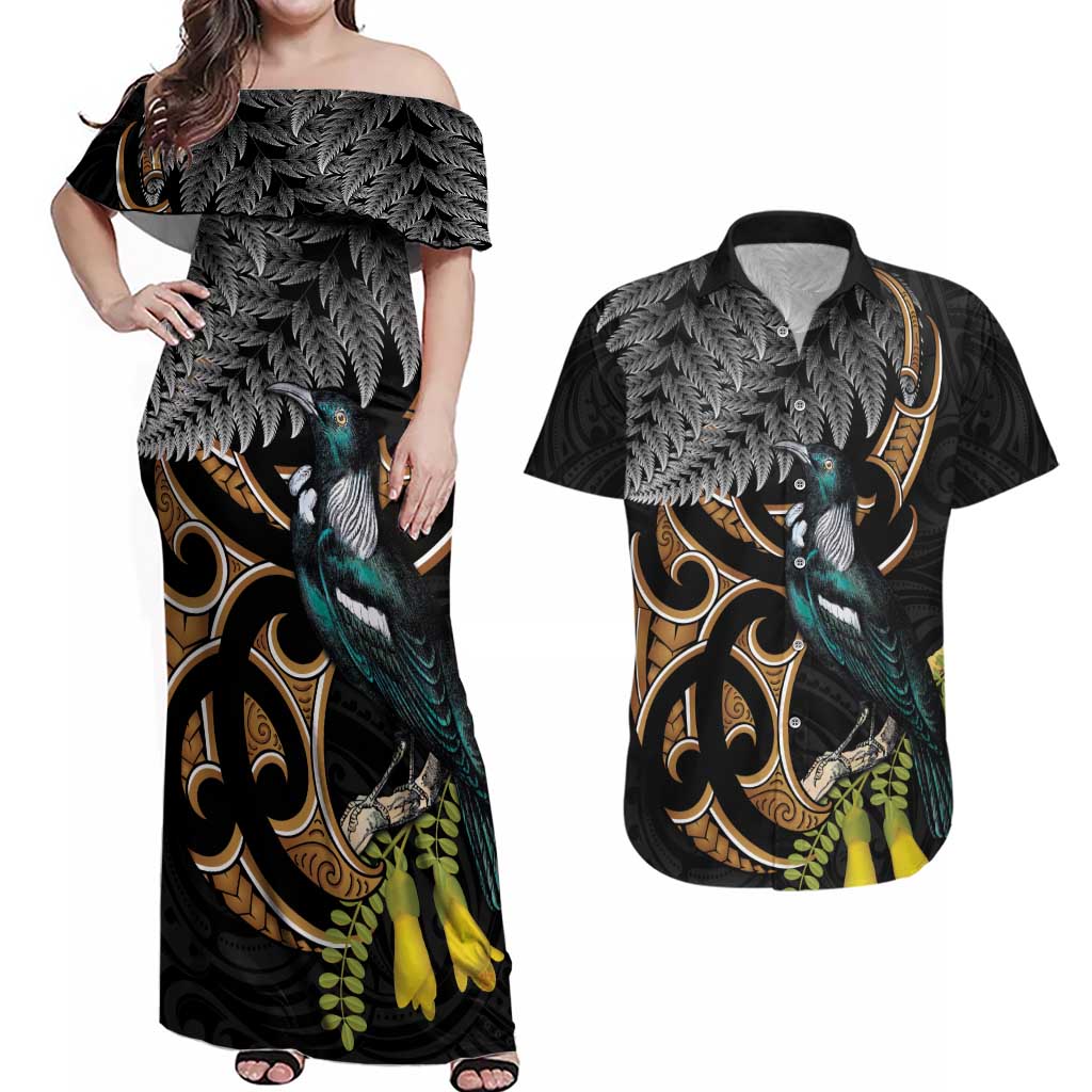 Aotearoa Kowhai Tui Bird Couples Matching Off Shoulder Maxi Dress and Hawaiian Shirt Maori Ngaru With Silver Fern LT14 Black - Polynesian Pride
