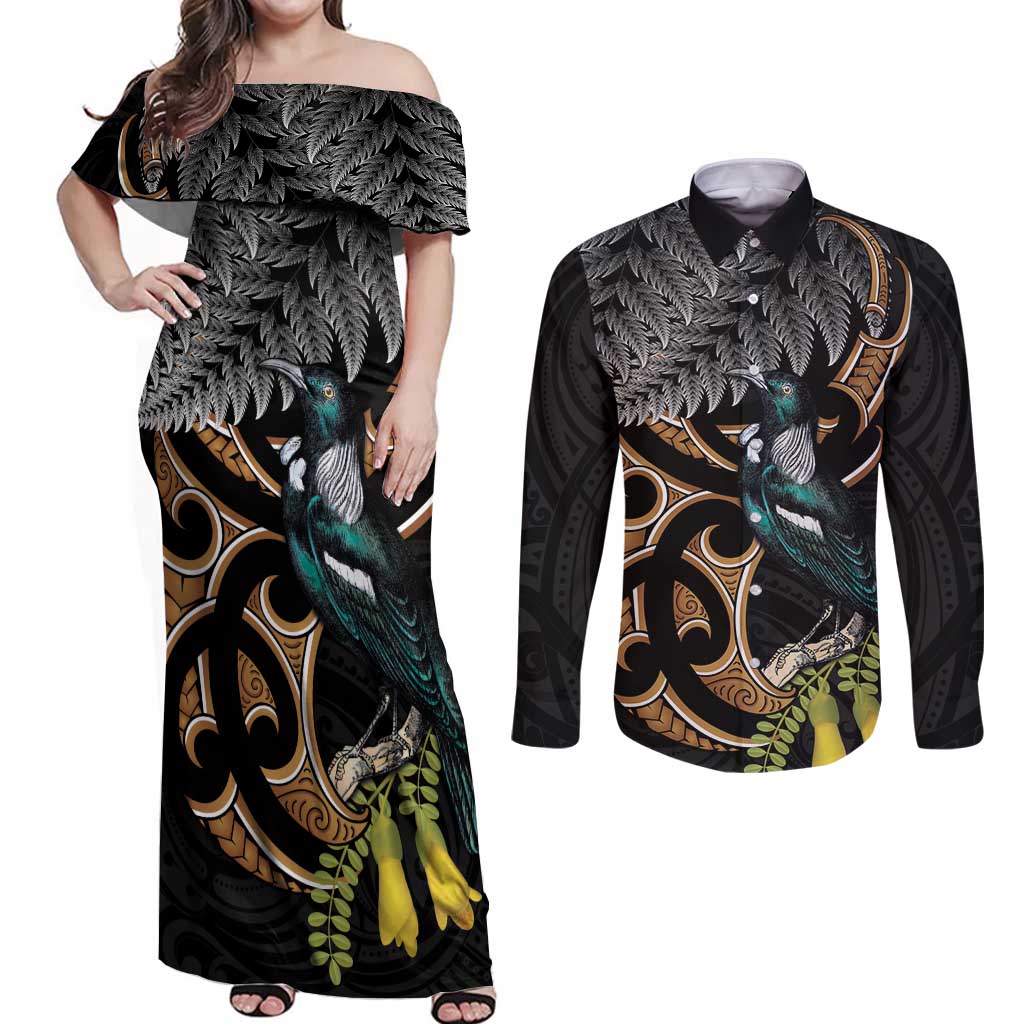 Aotearoa Kowhai Tui Bird Couples Matching Off Shoulder Maxi Dress and Long Sleeve Button Shirt Maori Ngaru With Silver Fern LT14 Black - Polynesian Pride