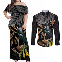 Aotearoa Kowhai Tui Bird Couples Matching Off Shoulder Maxi Dress and Long Sleeve Button Shirt Maori Ngaru With Silver Fern LT14 Black - Polynesian Pride