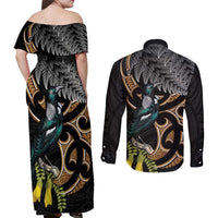 Aotearoa Kowhai Tui Bird Couples Matching Off Shoulder Maxi Dress and Long Sleeve Button Shirt Maori Ngaru With Silver Fern LT14 - Polynesian Pride
