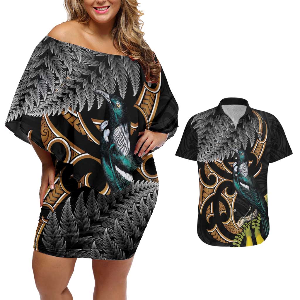 Aotearoa Kowhai Tui Bird Couples Matching Off Shoulder Short Dress and Hawaiian Shirt Maori Ngaru With Silver Fern LT14 Black - Polynesian Pride