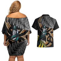 Aotearoa Kowhai Tui Bird Couples Matching Off Shoulder Short Dress and Hawaiian Shirt Maori Ngaru With Silver Fern LT14 - Polynesian Pride