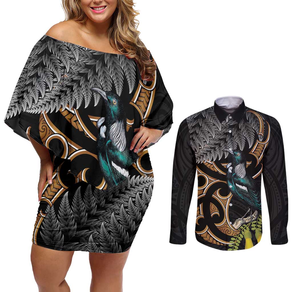 Aotearoa Kowhai Tui Bird Couples Matching Off Shoulder Short Dress and Long Sleeve Button Shirt Maori Ngaru With Silver Fern LT14 Black - Polynesian Pride