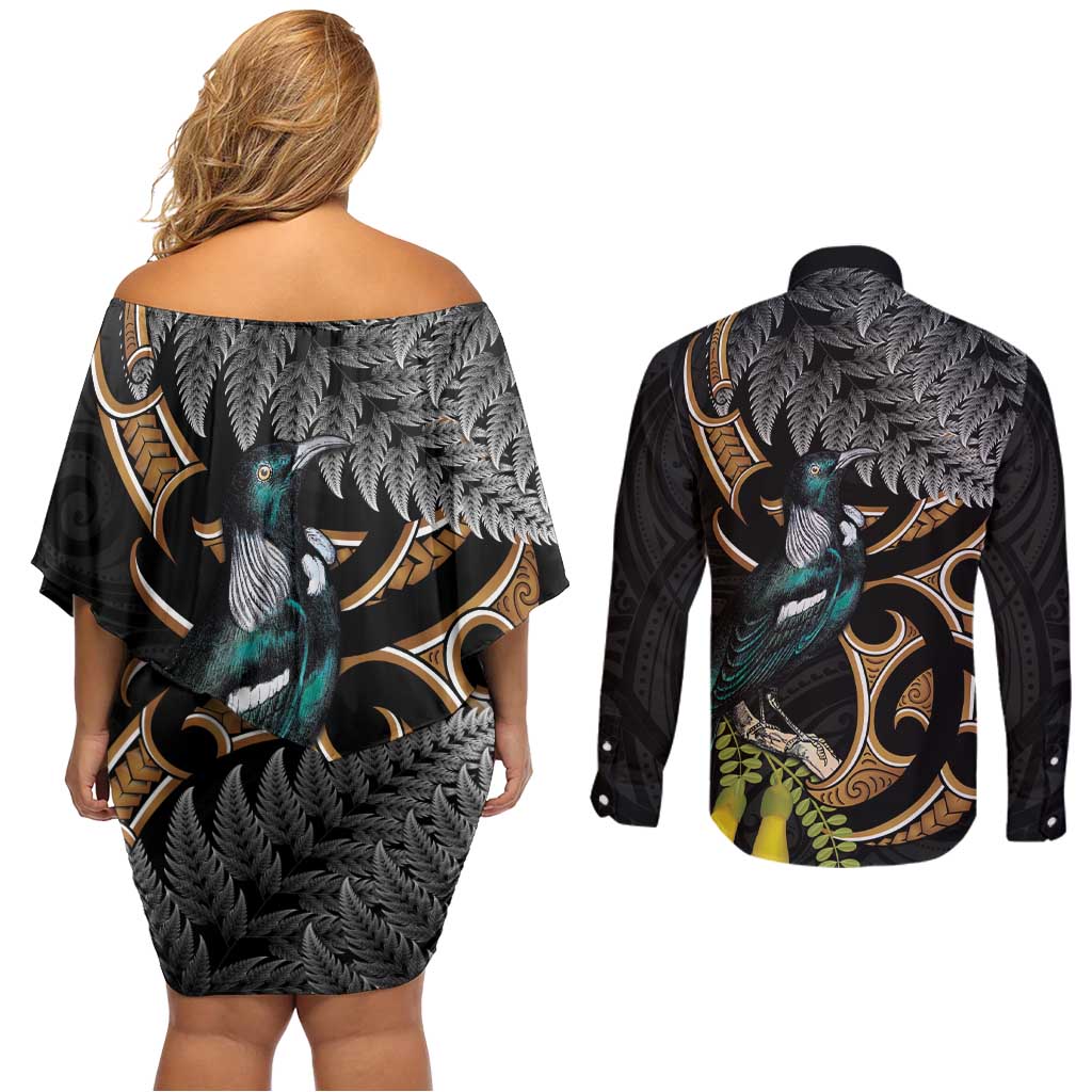 Aotearoa Kowhai Tui Bird Couples Matching Off Shoulder Short Dress and Long Sleeve Button Shirt Maori Ngaru With Silver Fern LT14 - Polynesian Pride