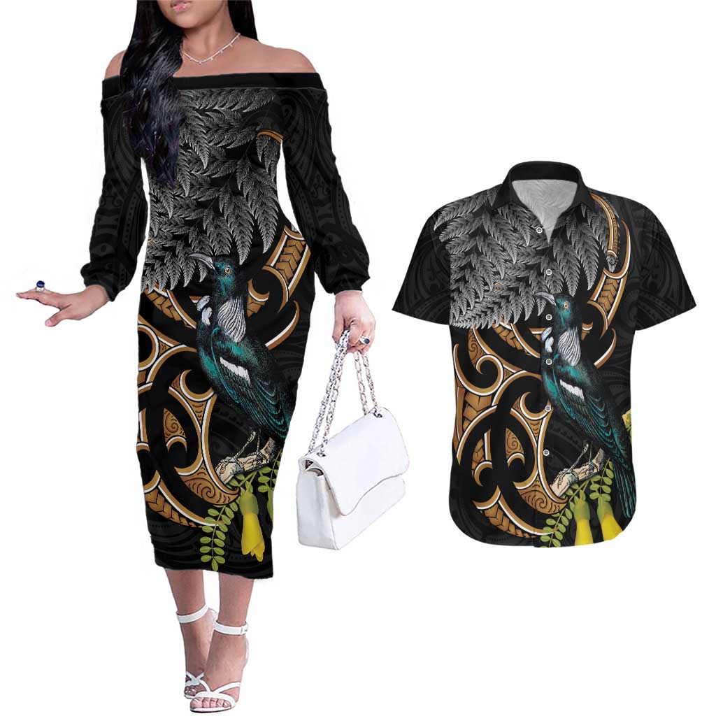 Aotearoa Kowhai Tui Bird Couples Matching Off The Shoulder Long Sleeve Dress and Hawaiian Shirt Maori Ngaru With Silver Fern LT14 Black - Polynesian Pride