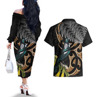 Aotearoa Kowhai Tui Bird Couples Matching Off The Shoulder Long Sleeve Dress and Hawaiian Shirt Maori Ngaru With Silver Fern LT14 - Polynesian Pride