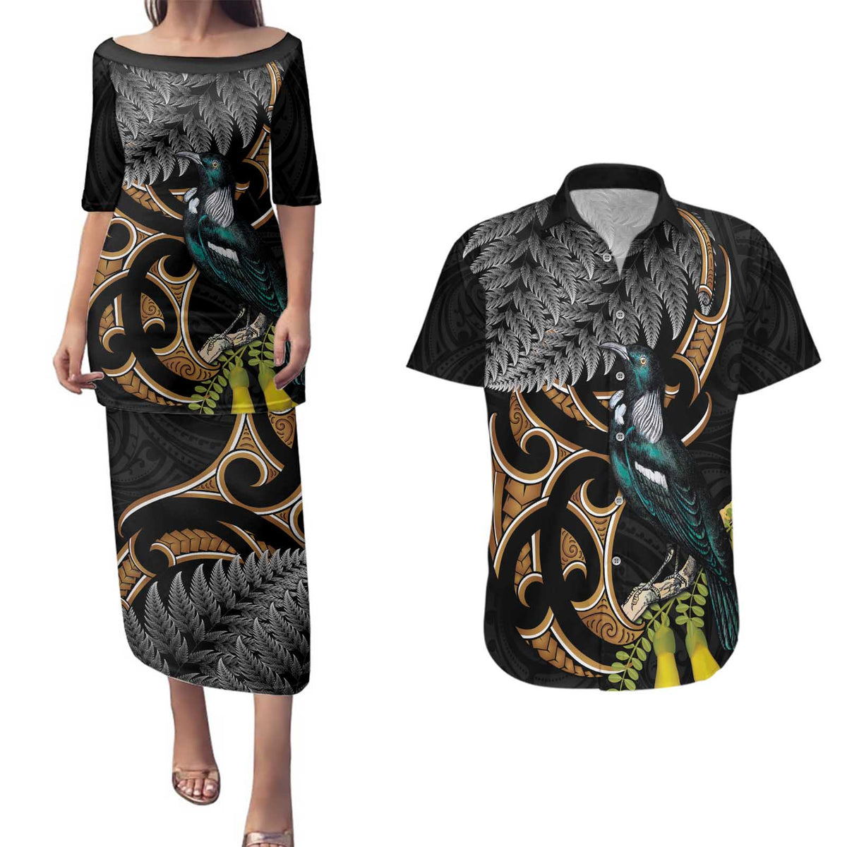 Aotearoa Kowhai Tui Bird Couples Matching Puletasi and Hawaiian Shirt Maori Ngaru With Silver Fern LT14 Black - Polynesian Pride
