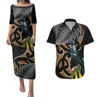 Aotearoa Kowhai Tui Bird Couples Matching Puletasi and Hawaiian Shirt Maori Ngaru With Silver Fern LT14 Black - Polynesian Pride