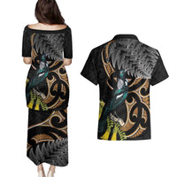 Aotearoa Kowhai Tui Bird Couples Matching Puletasi and Hawaiian Shirt Maori Ngaru With Silver Fern LT14 - Polynesian Pride